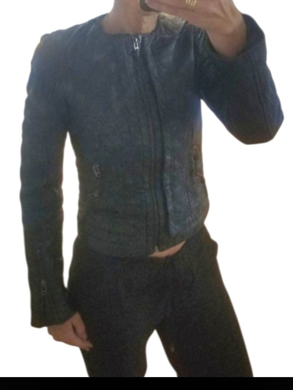 Zara 100% Lambskin Leather Quilted Tailored Collarless Black Biker Moto Jacket